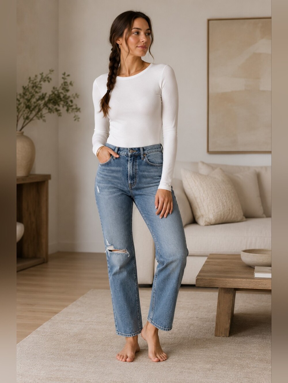 AGOLDE Leila White Long Sleeve Ribbed Crew Neck Bodysuit Minimalist Women's XS